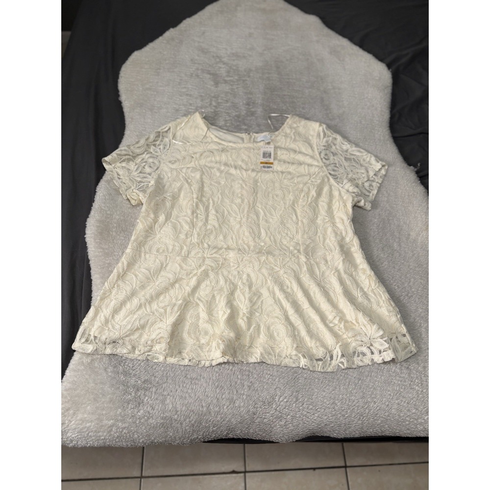 New Charter Club Laced Floral Vintage Cream Short Sleeve Blouse Plus Size 3X Top